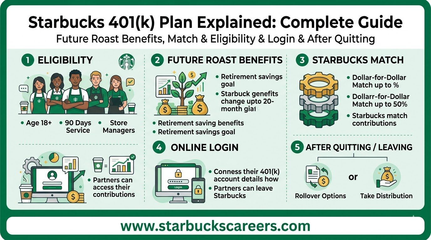 Starbucks 401(k) Plan Explained Future Roast Benefits, Match & Eligibility & login & after quitting