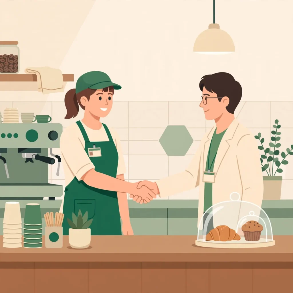 How to quit Starbucks professionally — partner shaking hands with manager on the last day