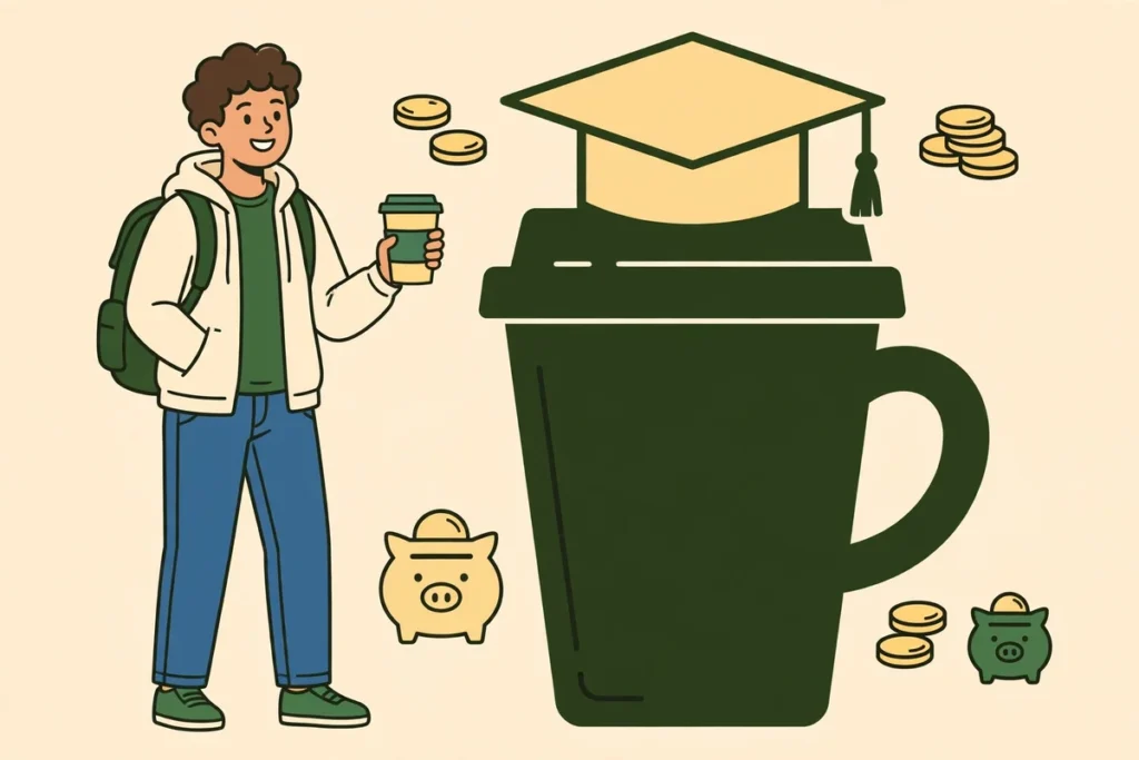 College student saving money on Starbucks coffee — student savings tips illustration